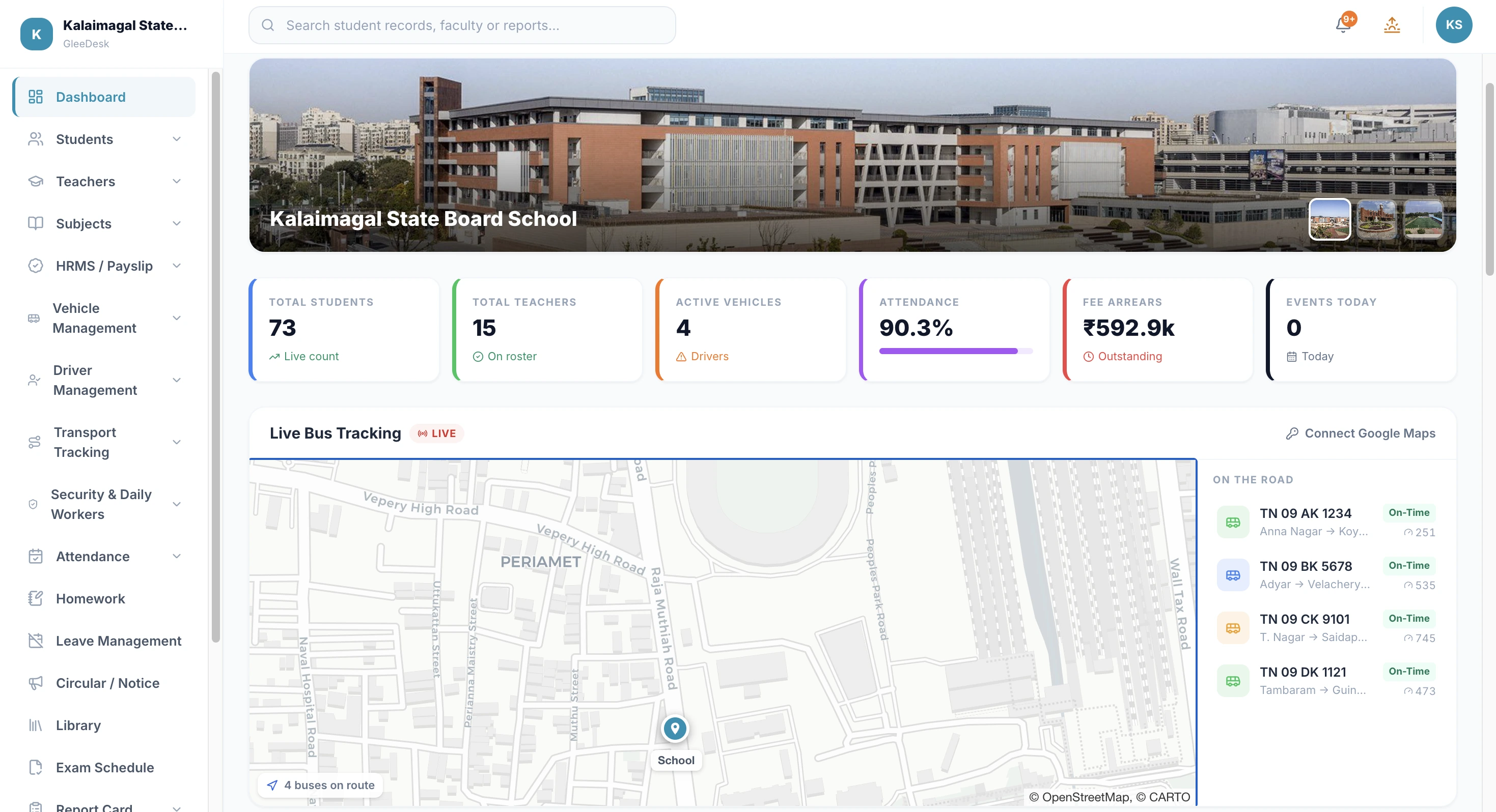 GleeDesks school admin dashboard — student, teacher, attendance and fee stats with live bus tracking
