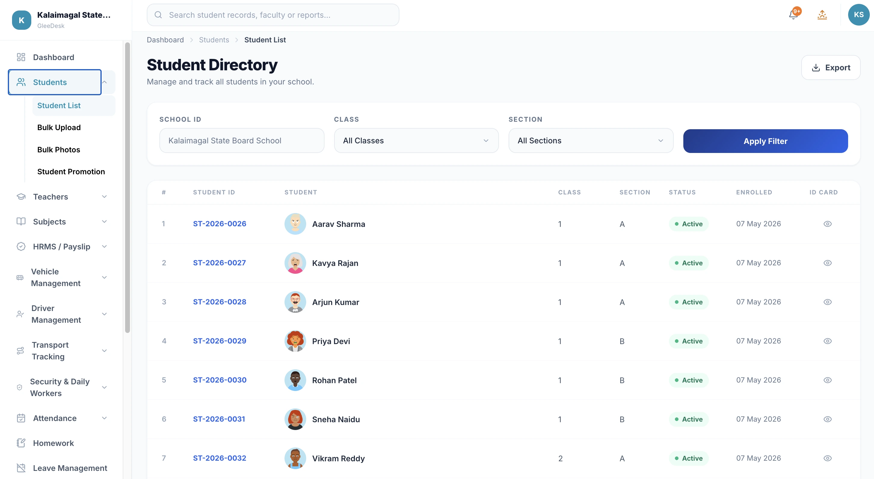 GleeDesks student directory — searchable student list with class, section and enrollment status