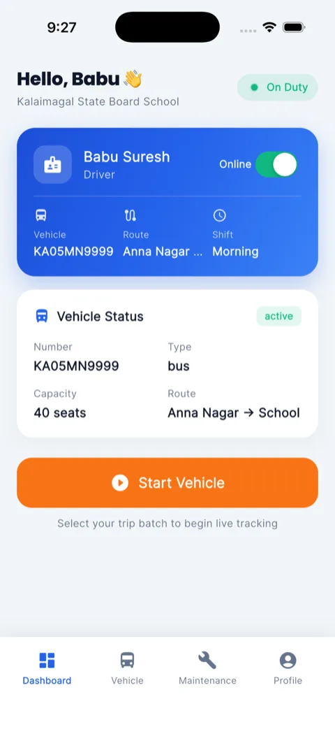 GleeDesks driver app — vehicle status and trip start
